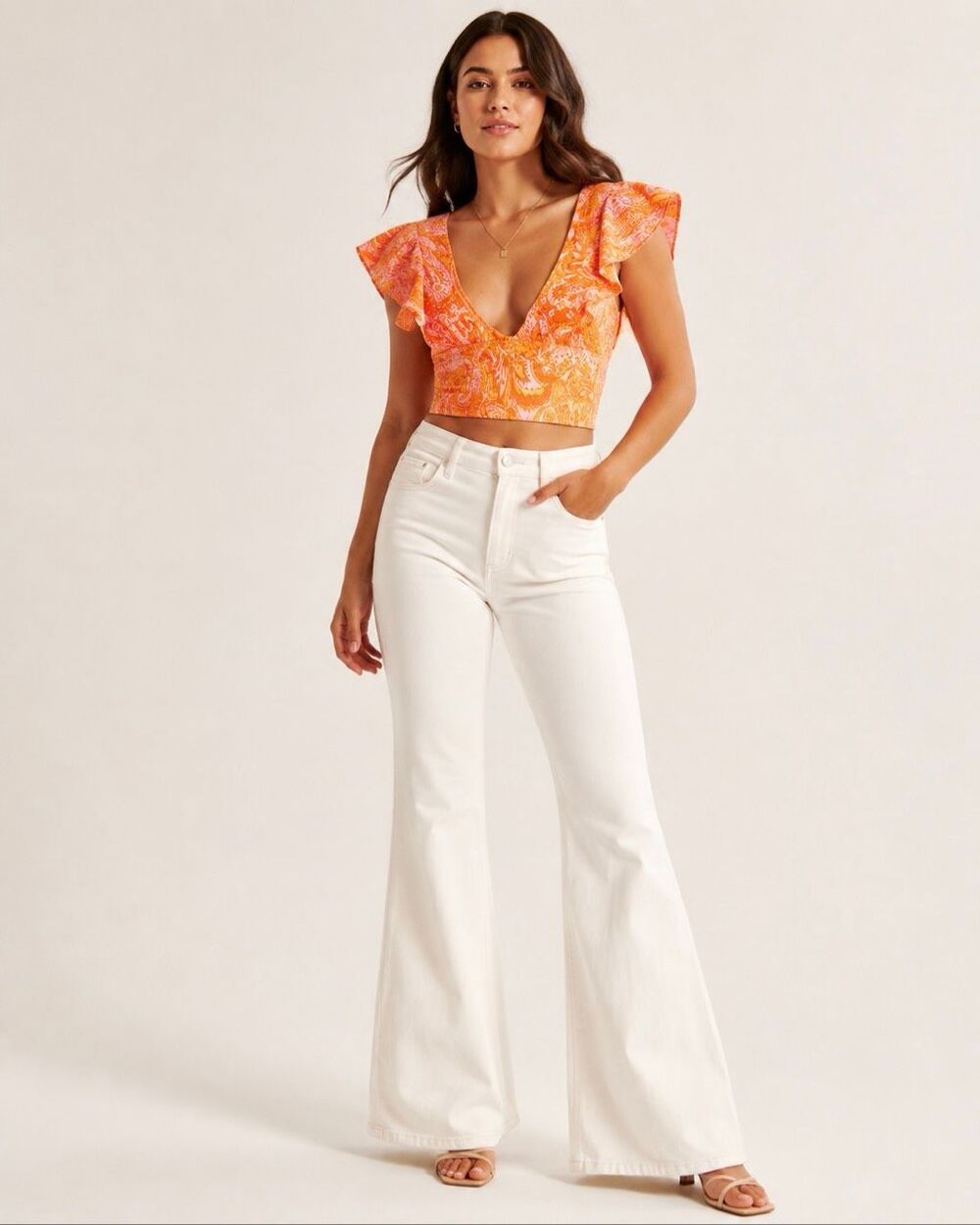 Zara Small Orange Pink Paisley Knit Crop Top Deep V Neck Cap Sleeve Ruffle Neck
